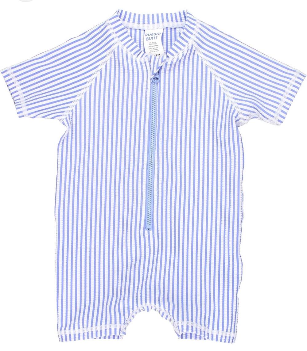 RuggedButts Blue White Striped One Piece Rash Guard Swimsuit Zip 12-18M